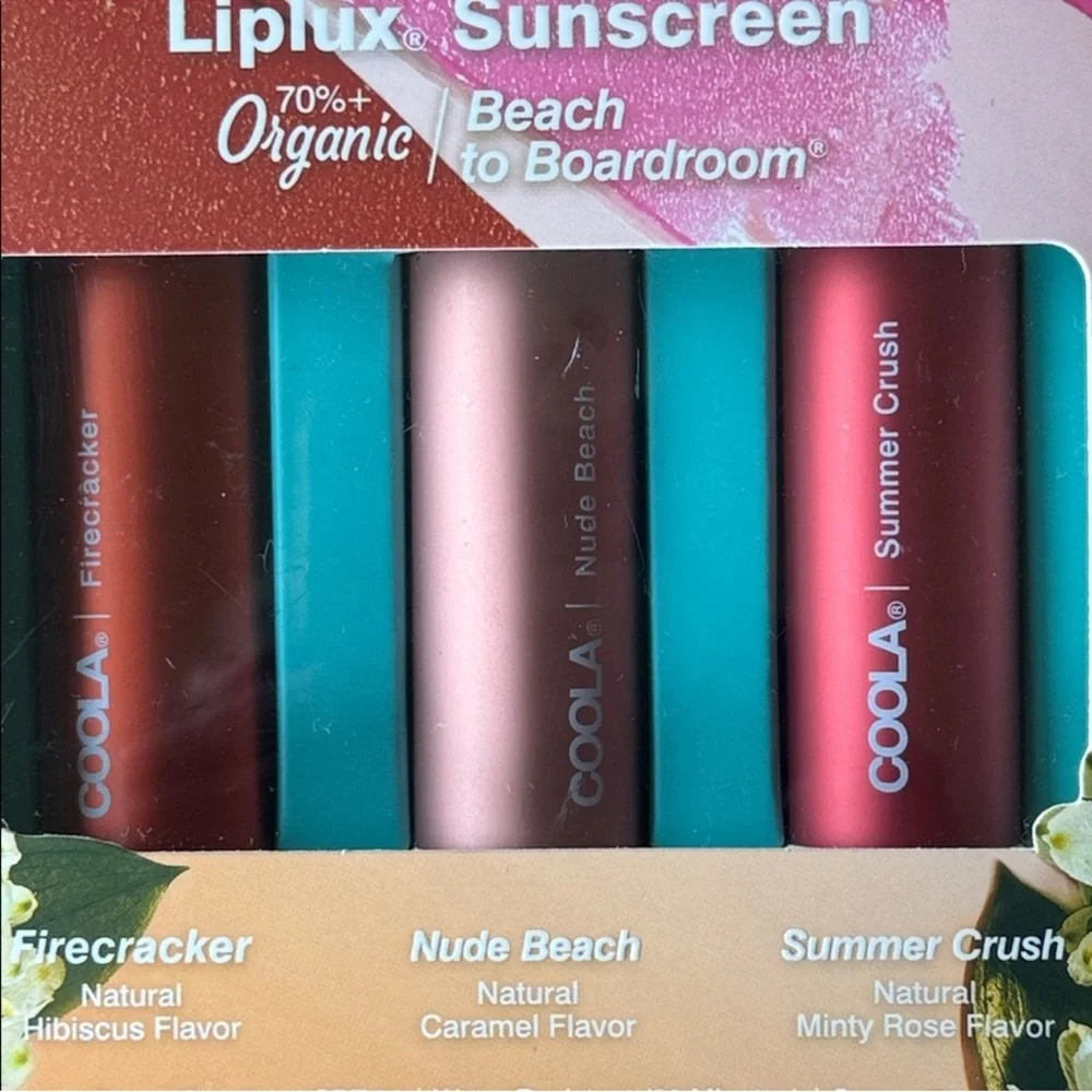 Coola Mineral Lip Trio Liplux Sunscreen 70% Organic Beach to Boardroom Lip Balm
